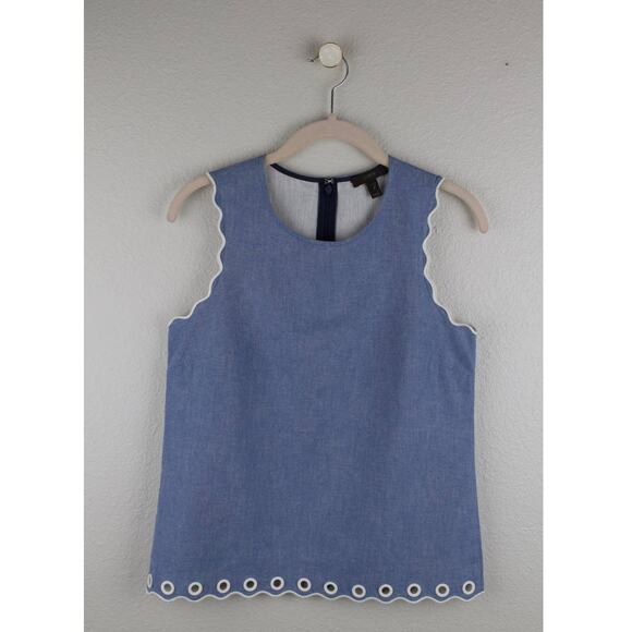 J. Crew Blue Cotton Chambray Scalloped Top With Grommets. Women's Size 0 - Picture 2 of 7